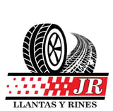 JR Llantas y Rines logo featuring two stylized tire tread illustrations with red checkered band and text