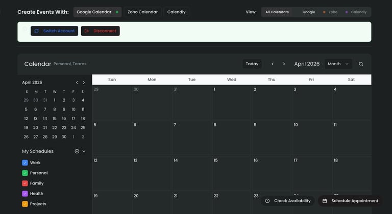 Google Calendar interface showing April 2026 calendar with color-coded event categories including Work, Meeting, Family, Birthday, and Projects