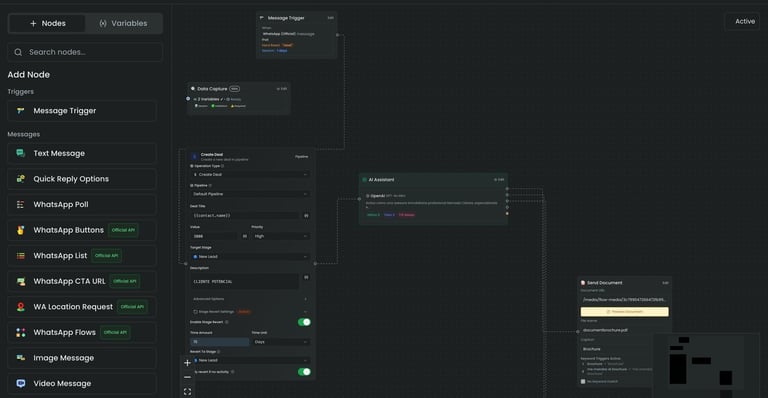 Dark-themed dashboard interface showing WhatsApp integration options, message triggers, and settings menu in a development or automation platform